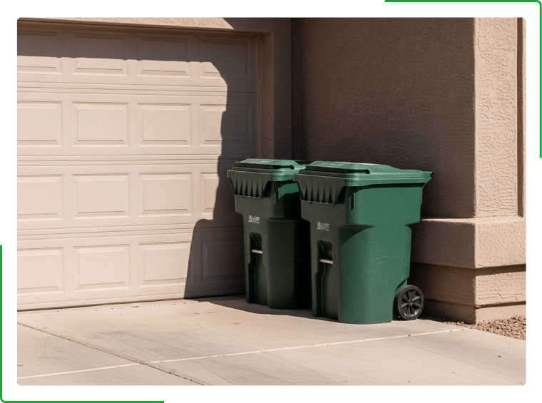 A green dumpster filled with cardboard boxes is sitting on the side of the road.