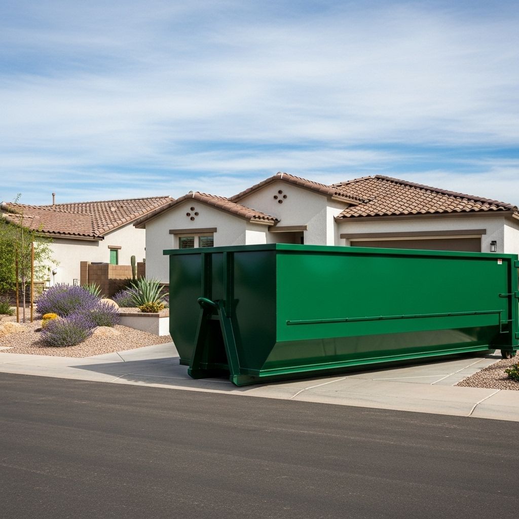 A green dumpster filled with cardboard boxes is sitting on the side of the road.