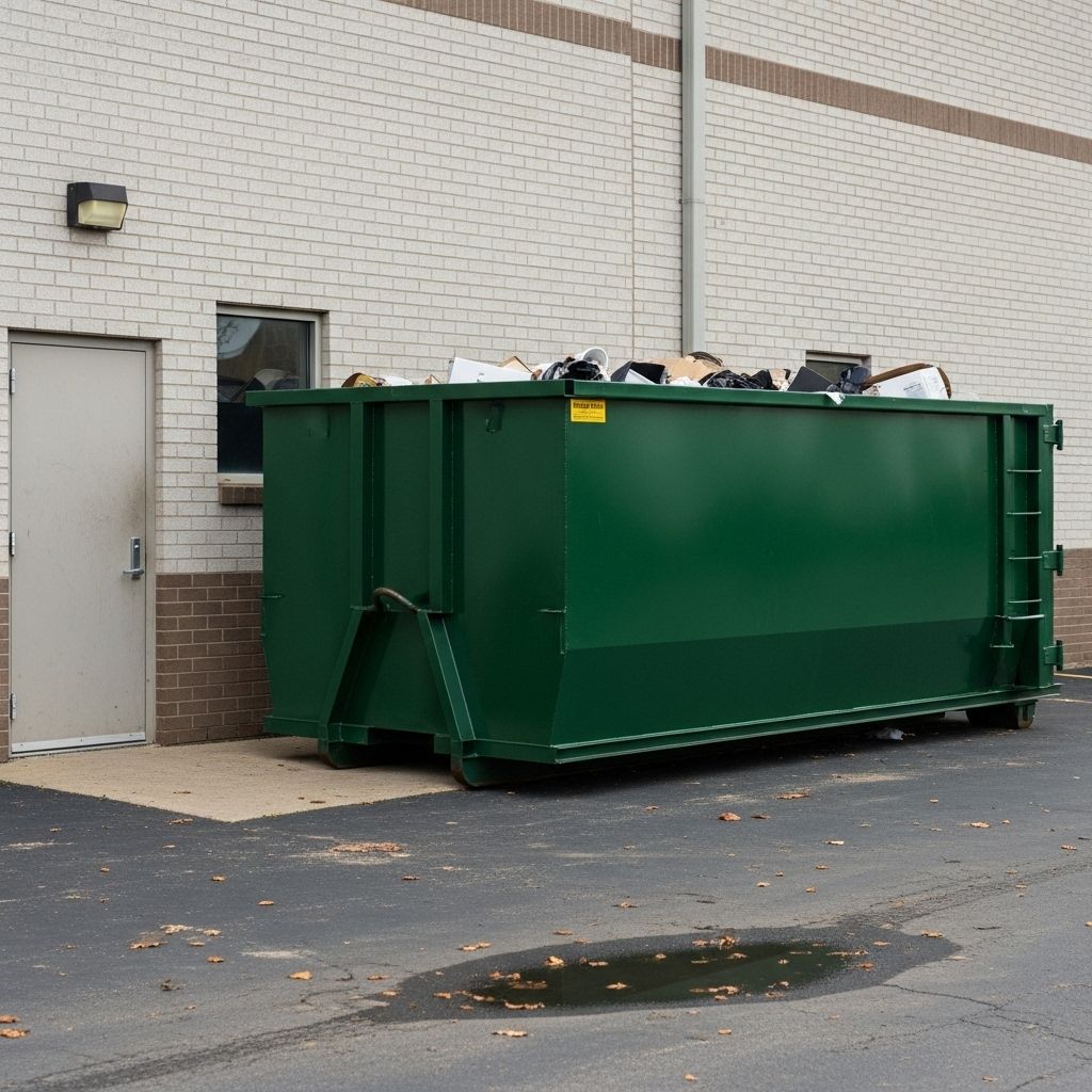 A green dumpster filled with cardboard boxes is sitting on the side of the road.