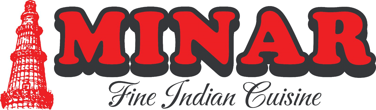 Logo for Minar Fine Indian Cuisine: Red text on black outline with a building image.