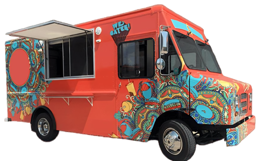 Red food truck with colorful paisley design; serving window open.