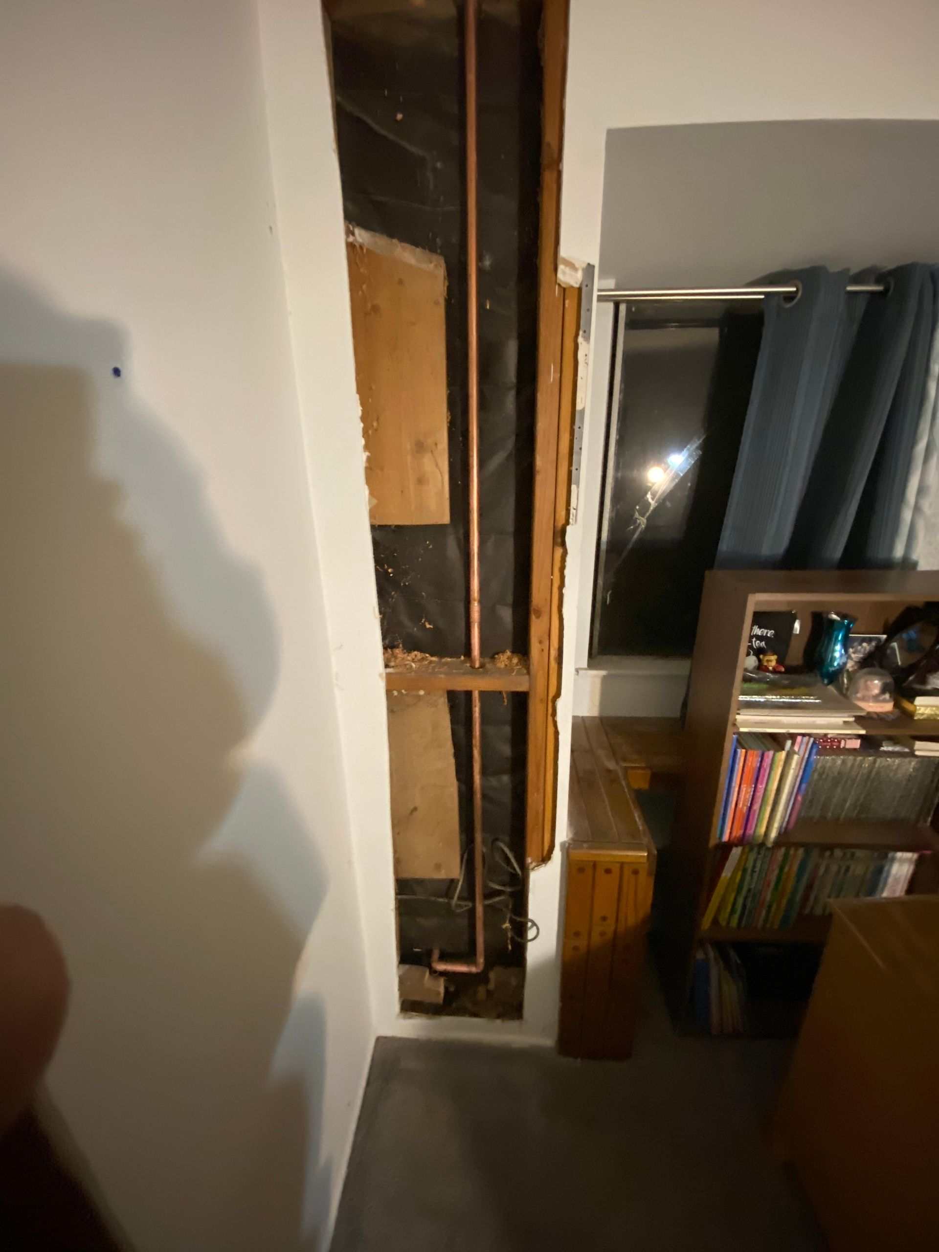 Exposed plumbing pipes within a wall cavity. Copper pipes run vertically.