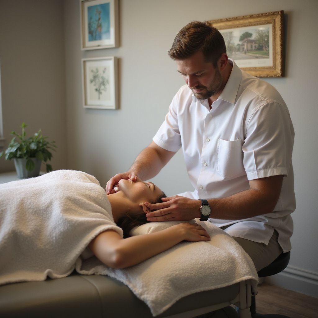 Homem realizando massagem no rosto de uma pessoa em uma sala de tratamento.