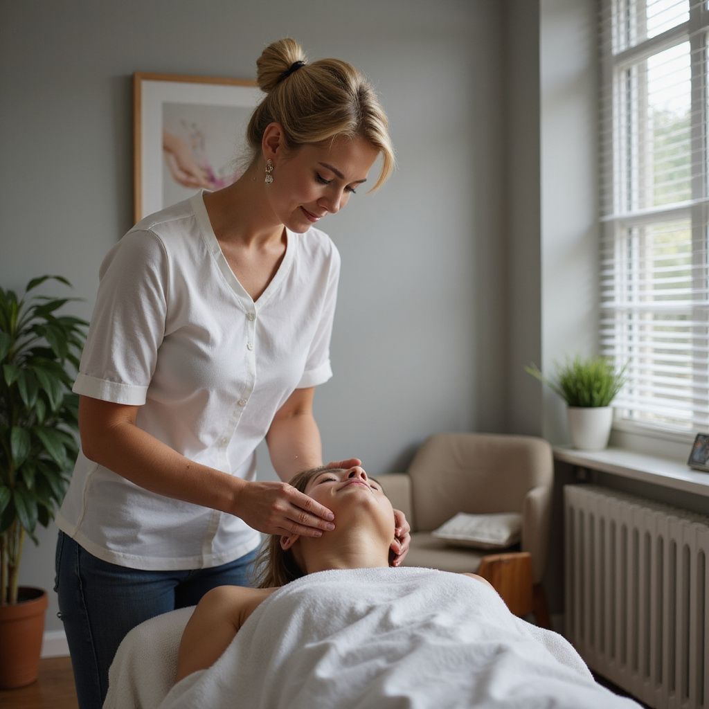 Mulher fazendo massagem facial em outra mulher em um quarto bem iluminado.