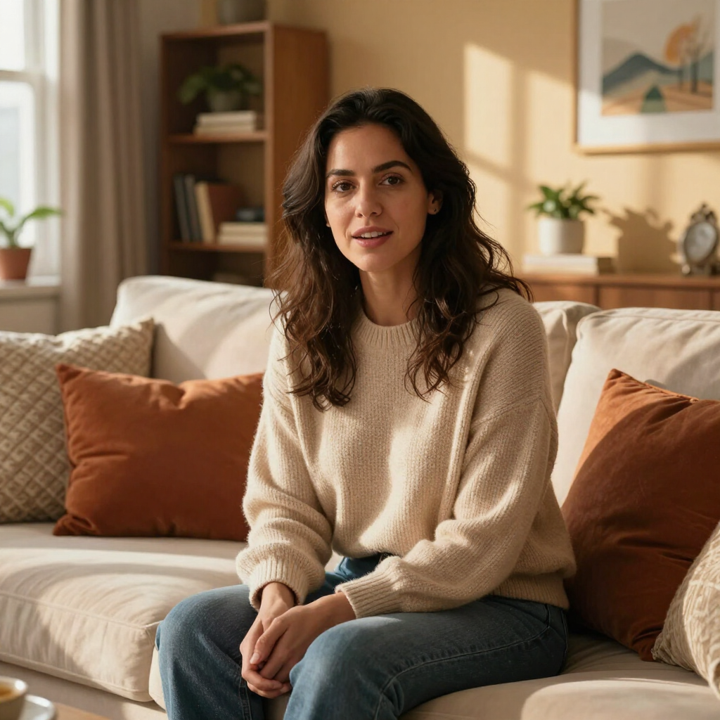 Mulher sentada em um sofá em uma sala de estar ensolarada com almofadas bege e cor de ferrugem.