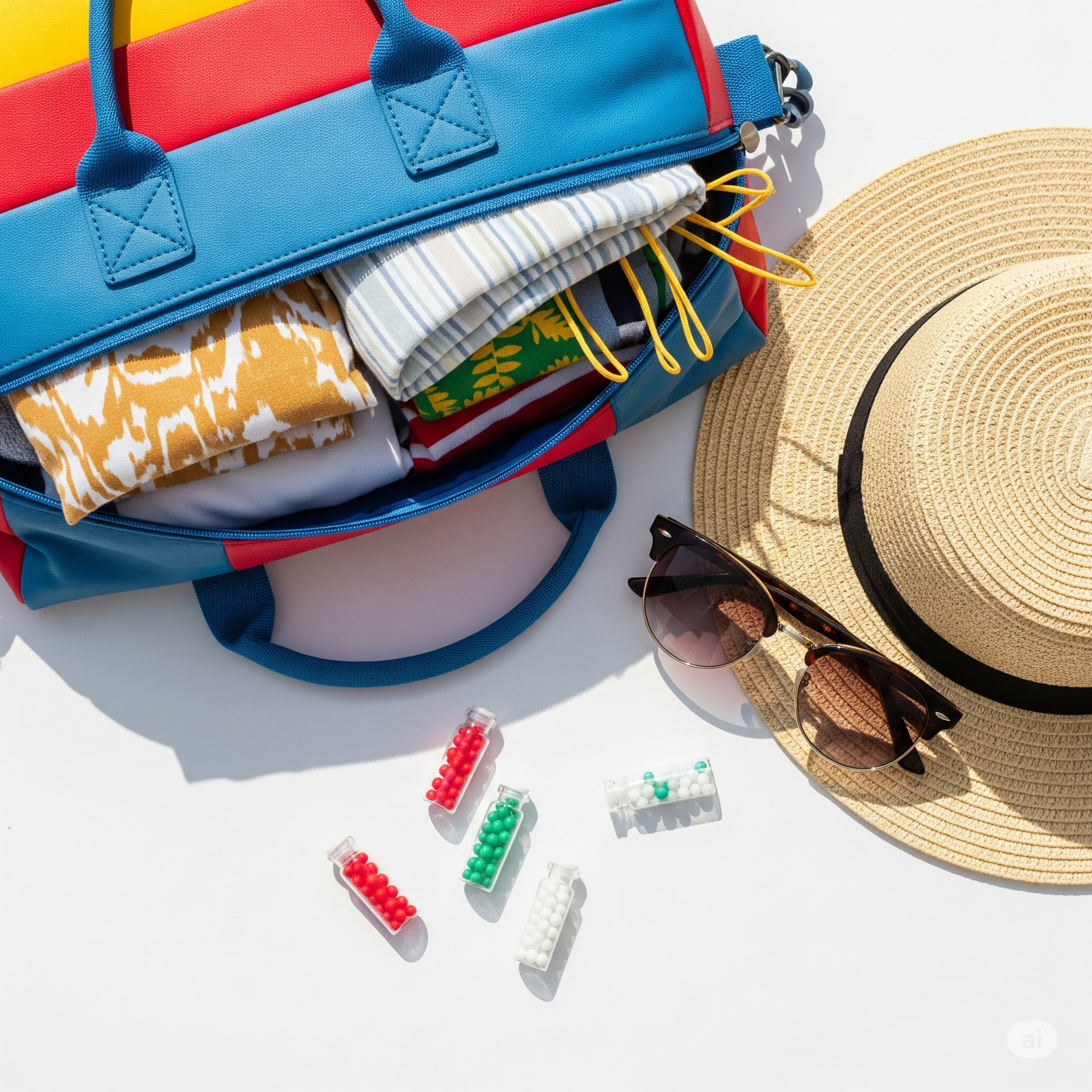 Uma bolsa colorida cheia de roupas, um chapéu, óculos de sol e pílulas.
