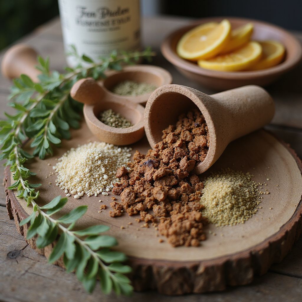 Bandeja de madeira com diversos ingredientes, incluindo fatias de laranja, ervas e temperos.