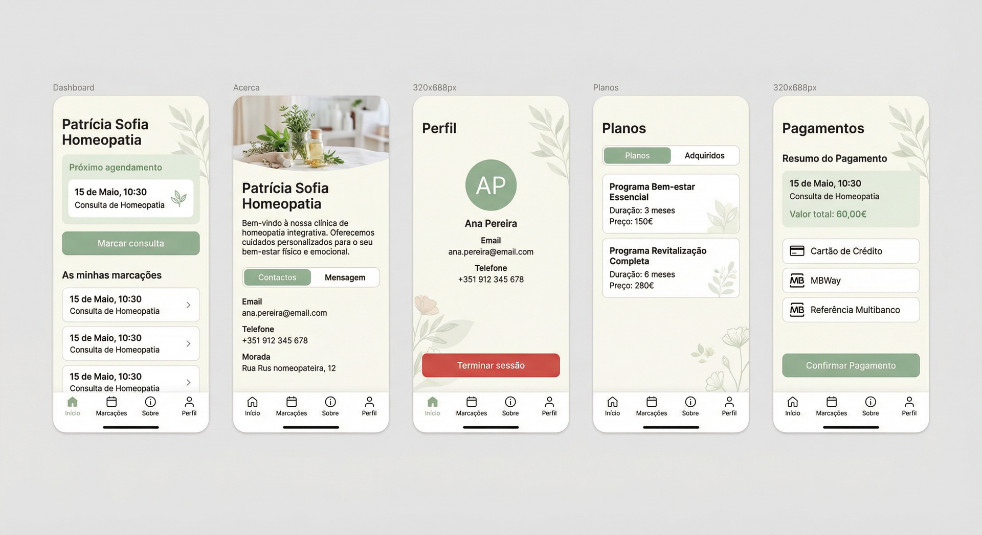 Cinco telas de aplicativo para smartphone com tema verde e branco, exibindo páginas de comida, perfil, lista e pagamento.
