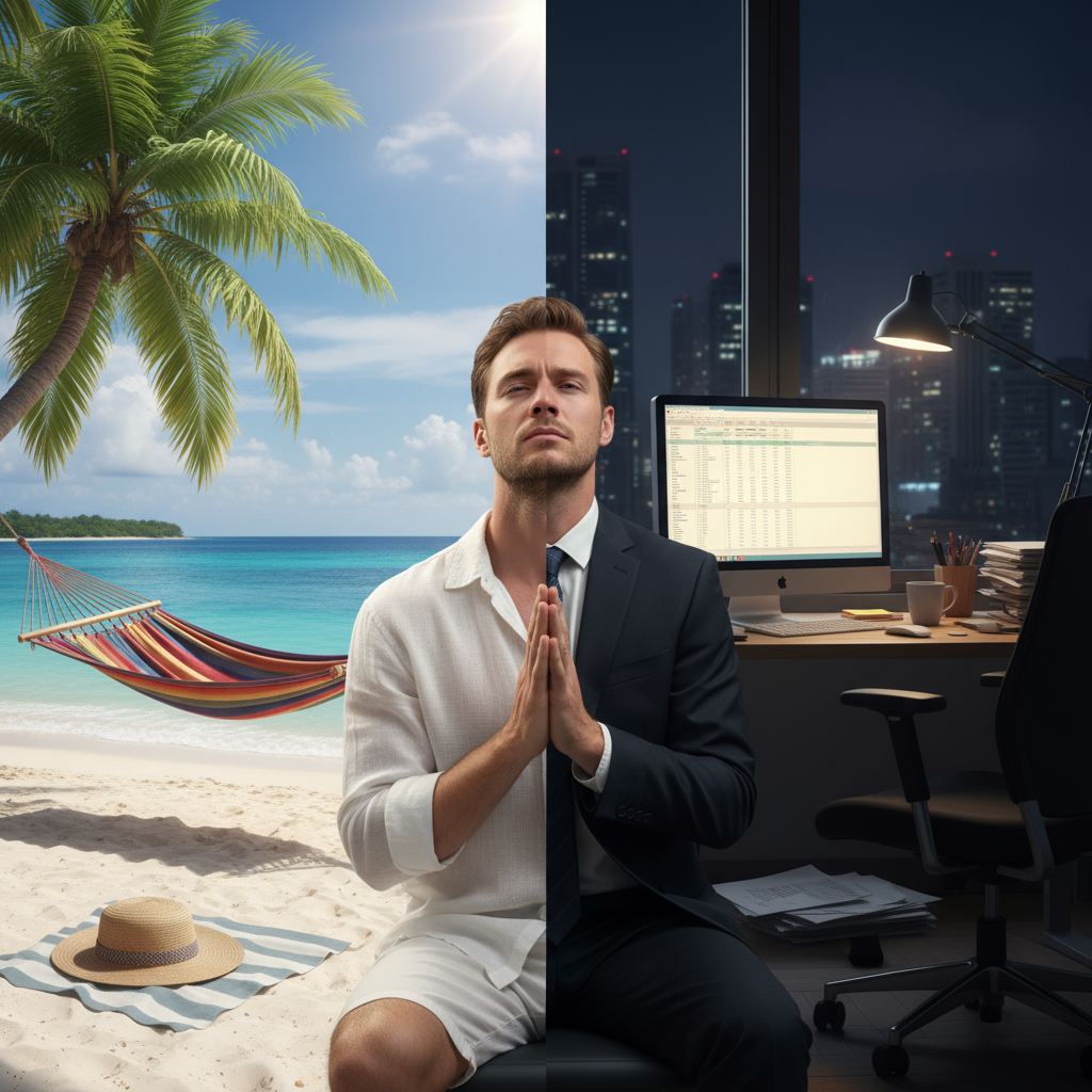 Man split in two: left, beach; right, office. Meditating, hands clasped.
