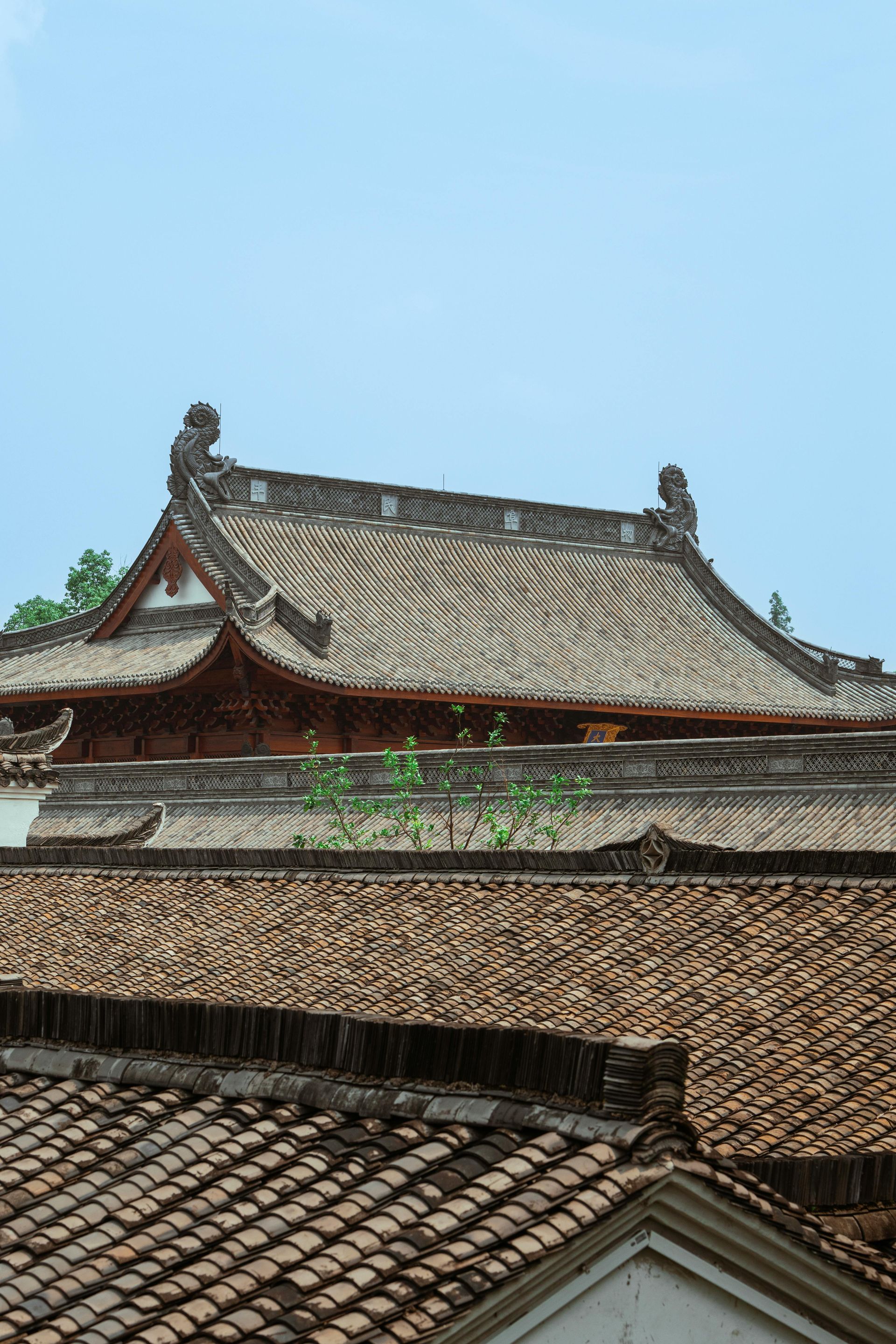 Um telhado de templo antigo com telhas de terracota contra um céu azul brilhante.