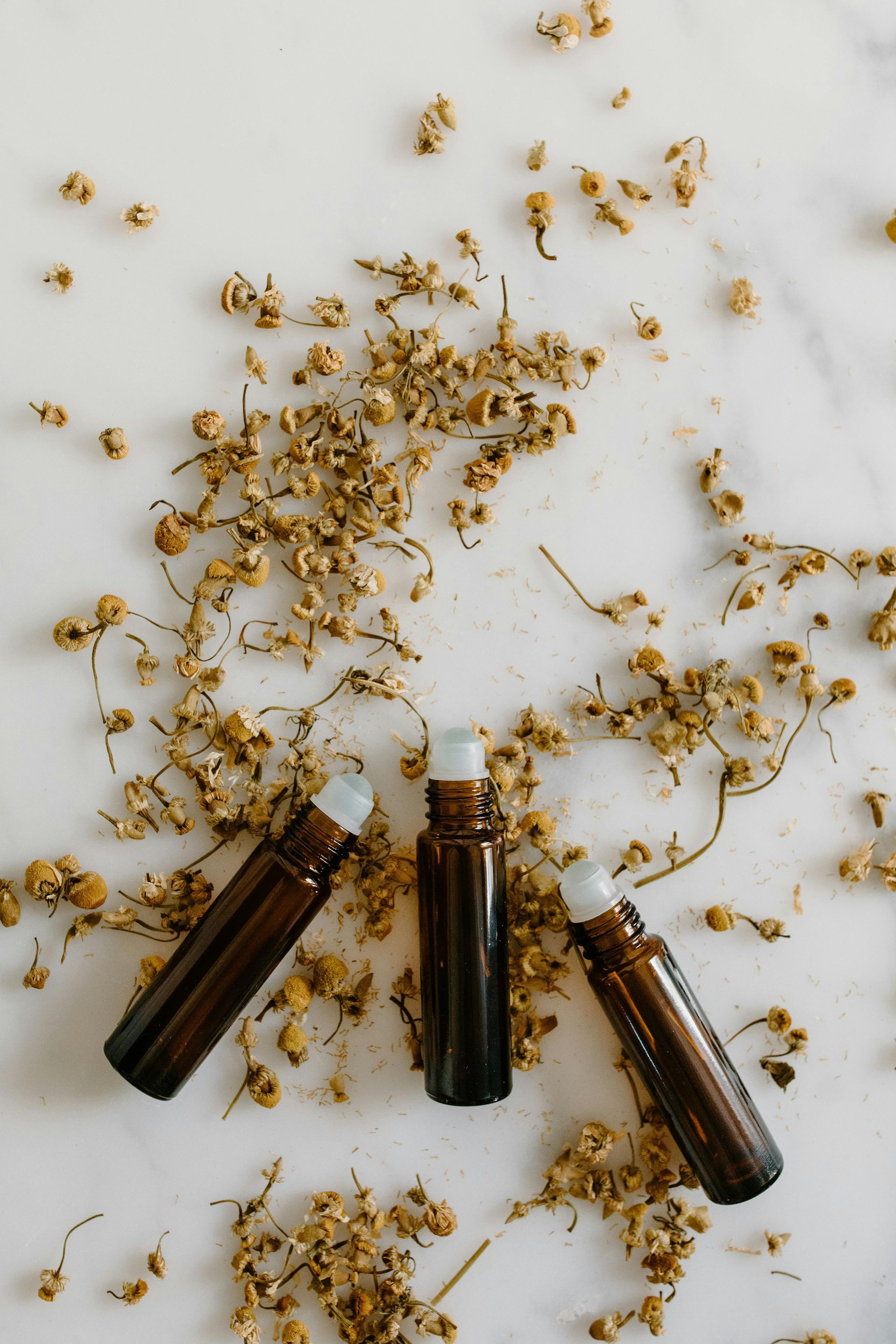 Três pequenos frascos marrons de óleo essencial com tampas brancas cercados por flores de camomila secas 