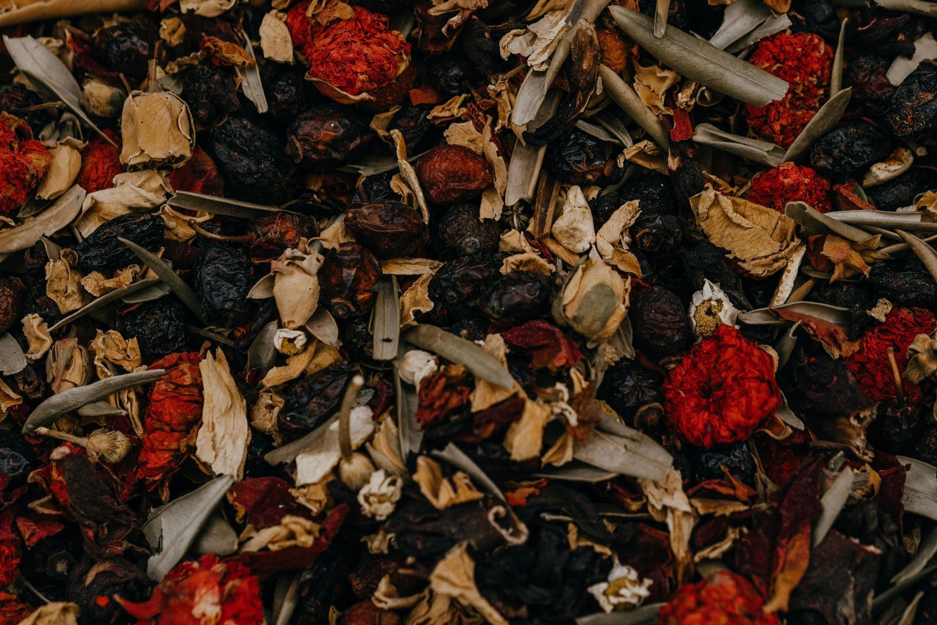 Close-up de uma mistura de folhas de chá secas e frutas, incluindo frutas vermelhas, frutas escuras e ervas claras.