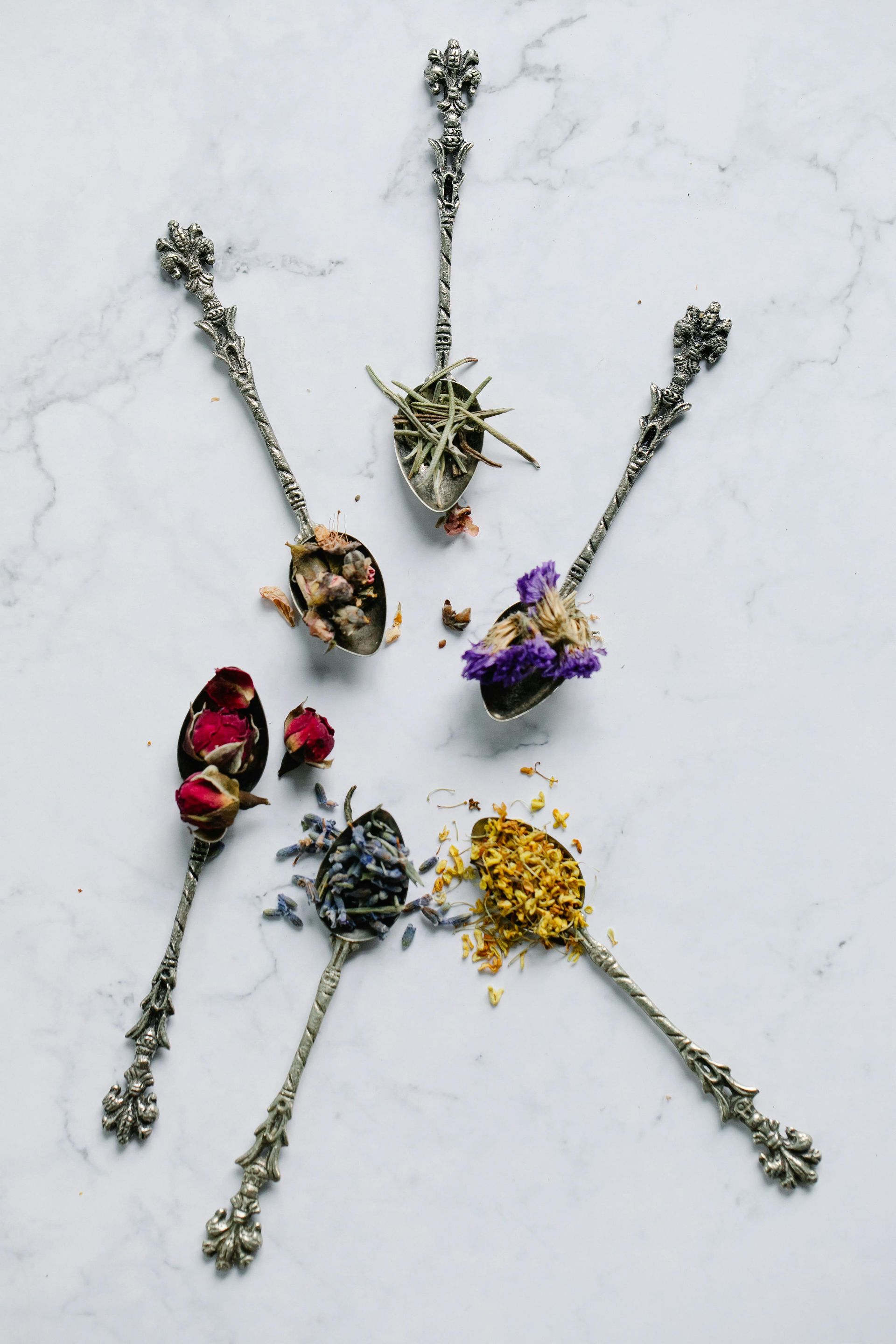 Seis colheres de prata ornamentadas dispostas sobre mármore, cada uma contendo diferentes ervas e flores secas.