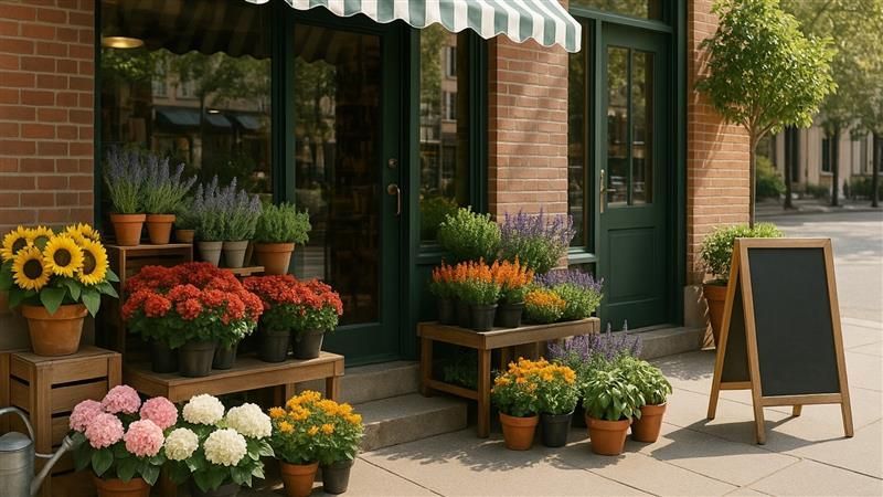 Outdoor display of fresh flowers and plants at a small business, with a chalkboard sign ready for