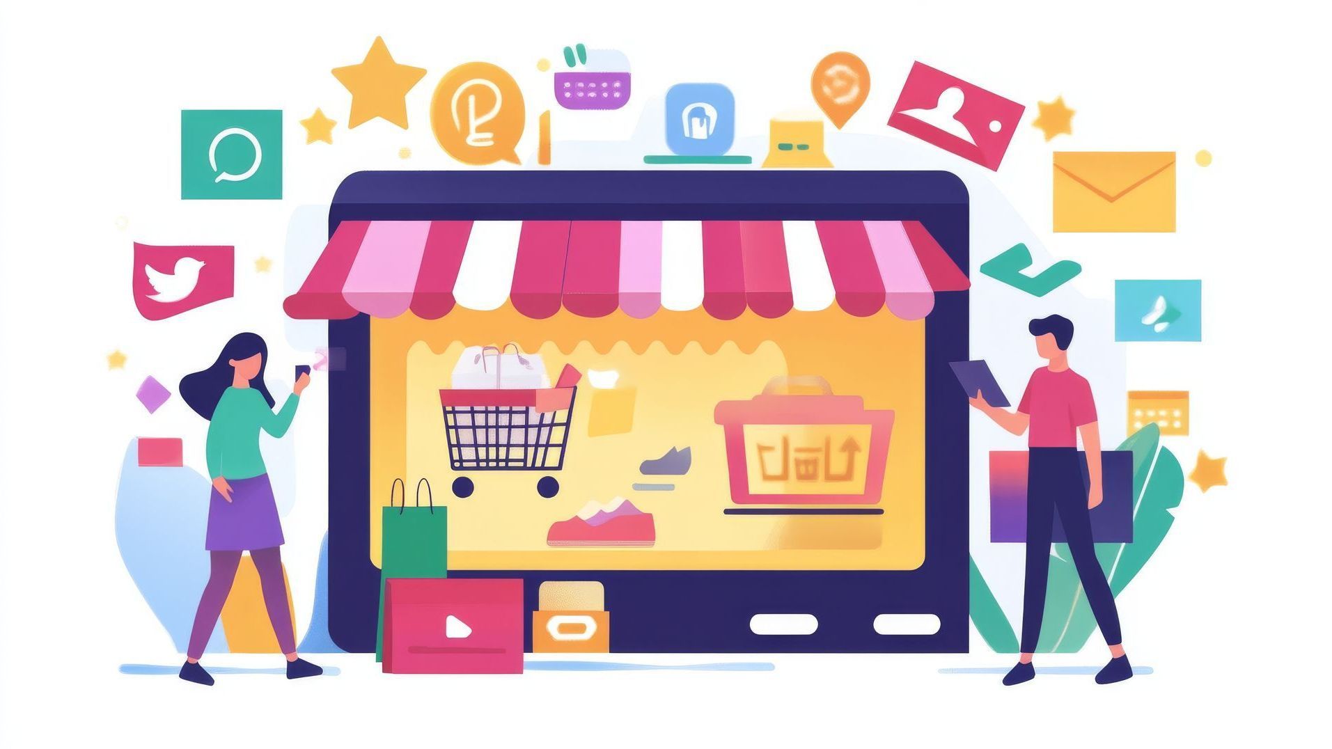 A man and a woman are standing in front of a tablet with a store on it.