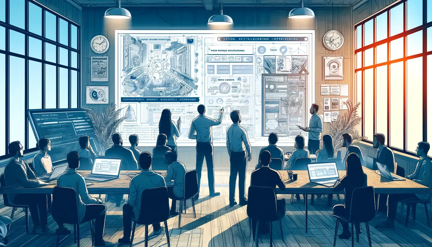 A group of people are sitting at tables in front of a large screen.