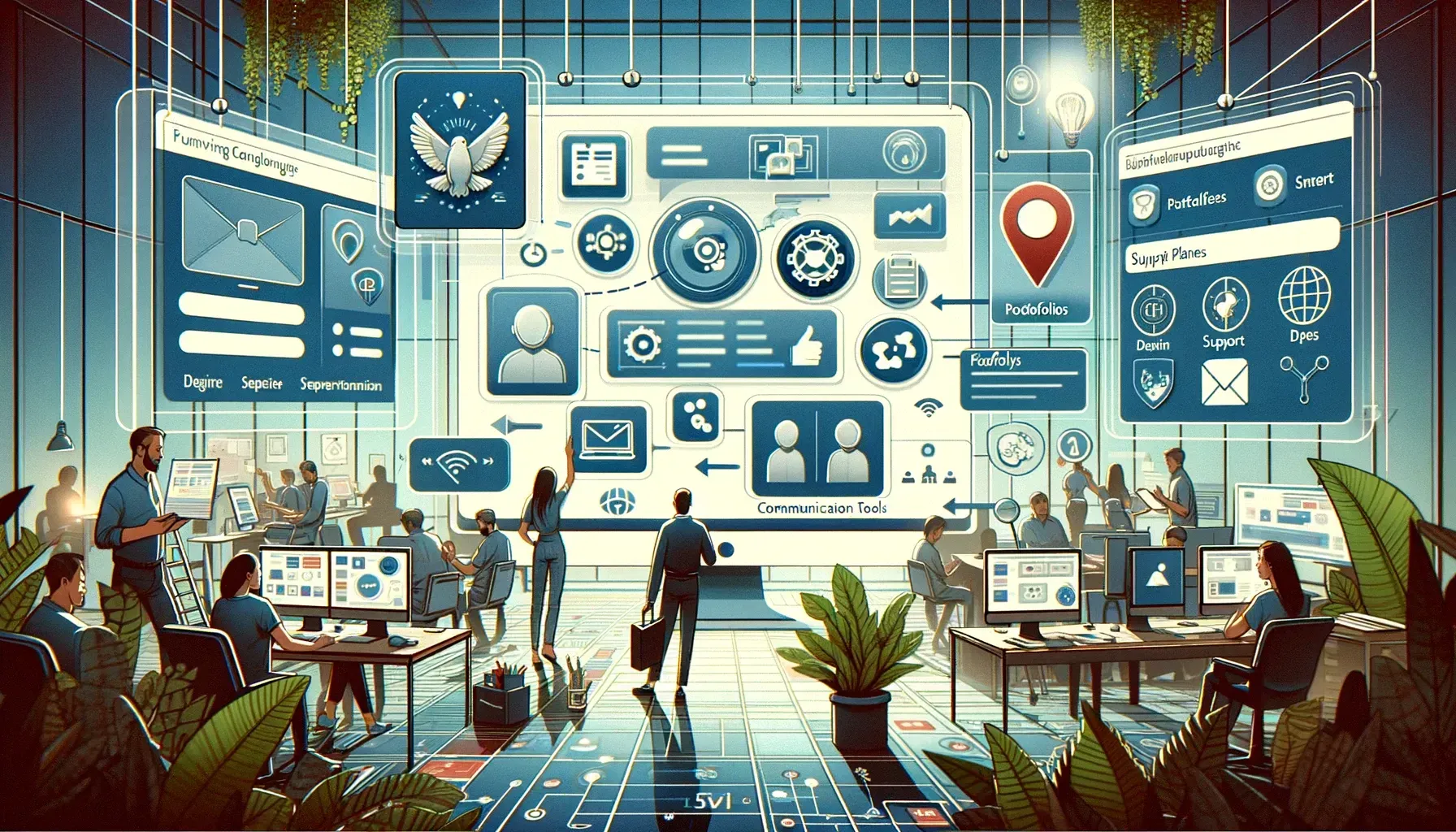 A group of people are standing in front of a computer screen in an office.