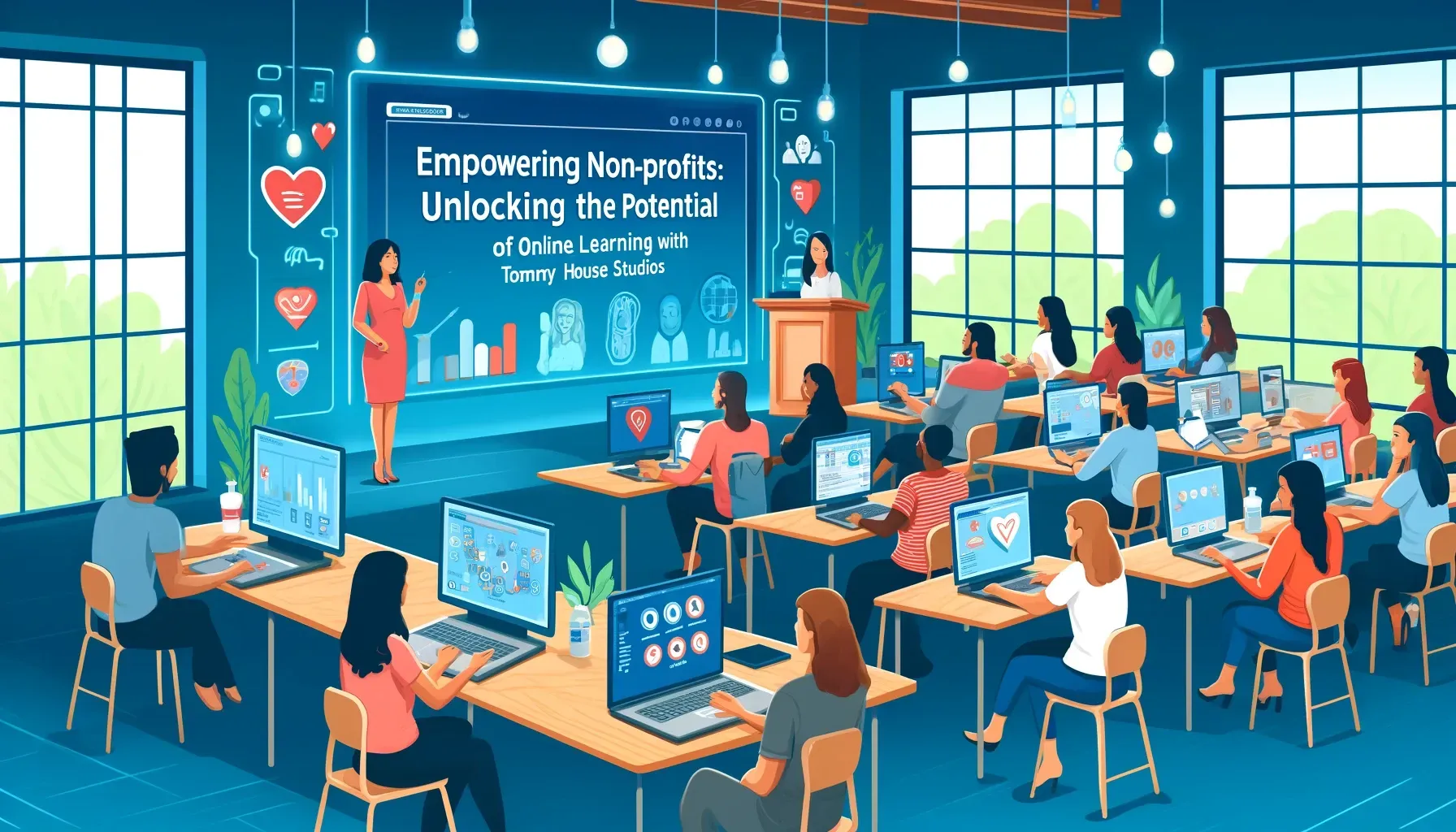 A group of people are sitting at desks in a classroom with laptops.