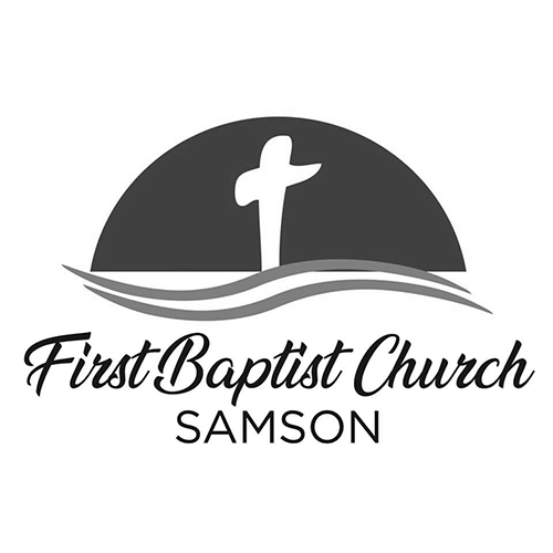 The logo for first baptist church samson has a cross in the middle of a wave.