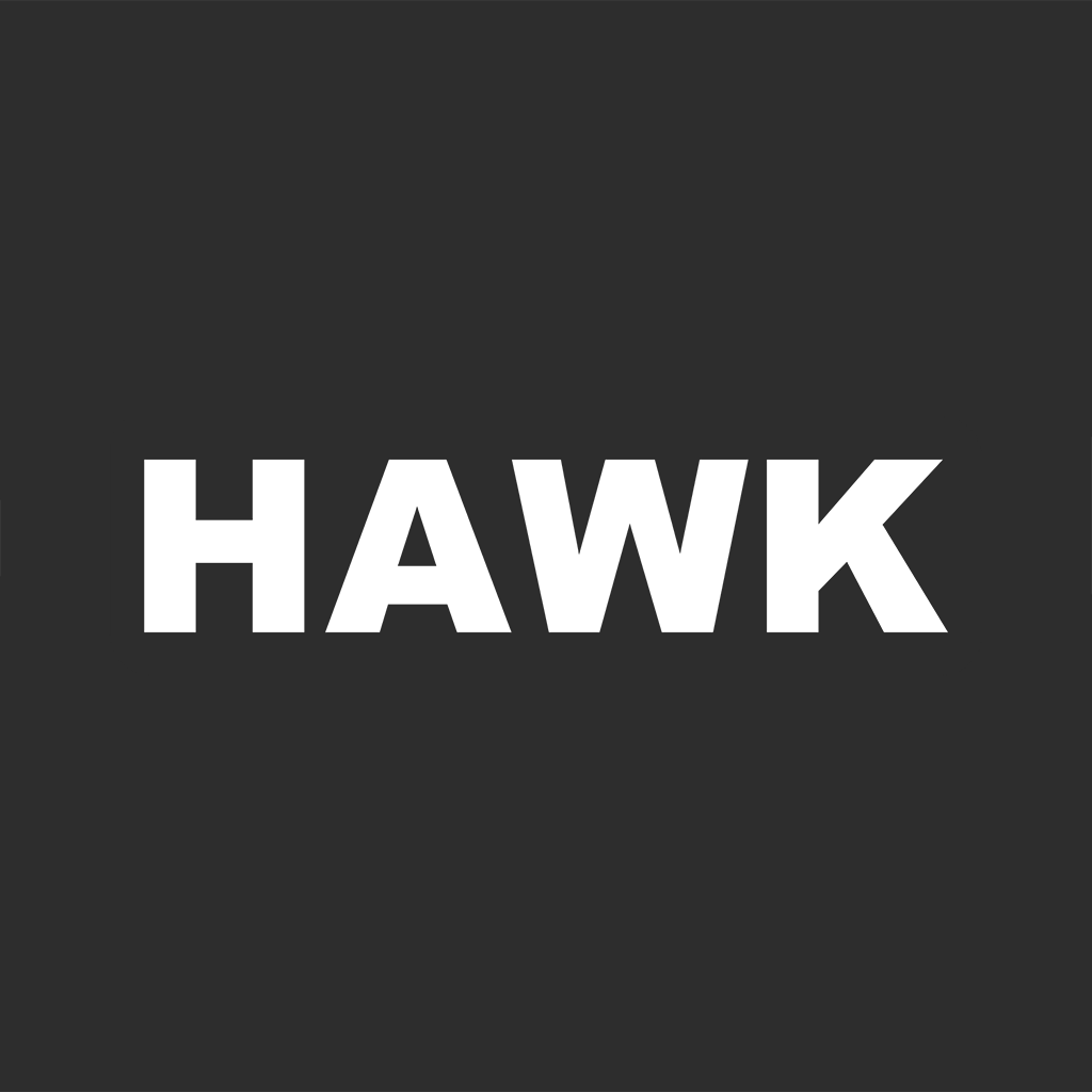 The word hawk is written in white on a black background