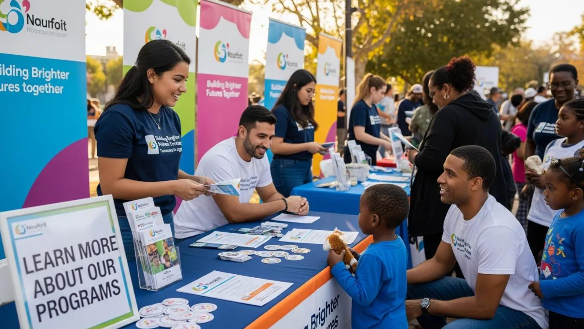 Community outreach booth with volunteers handing out information flyers to visitors outdoors