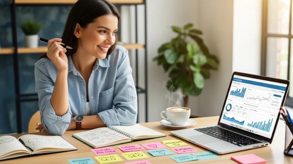 Person smiling at a desk with a laptop, charts, sticky notes, and coffee in a bright office