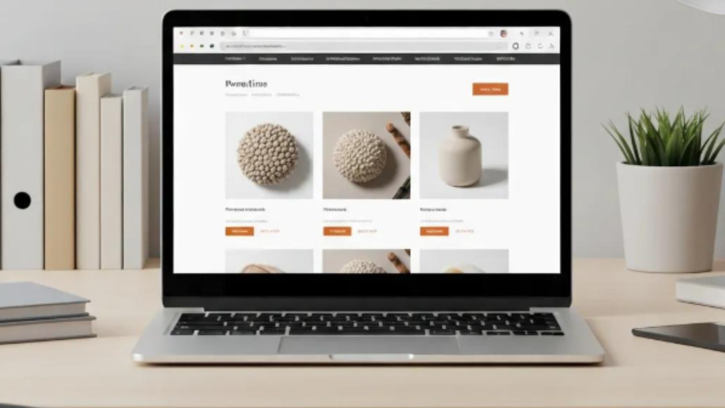 Laptop displaying a webpage with product images, sitting on a wooden desk.