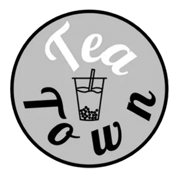 A logo for tea town with a cup of tea and bubbles