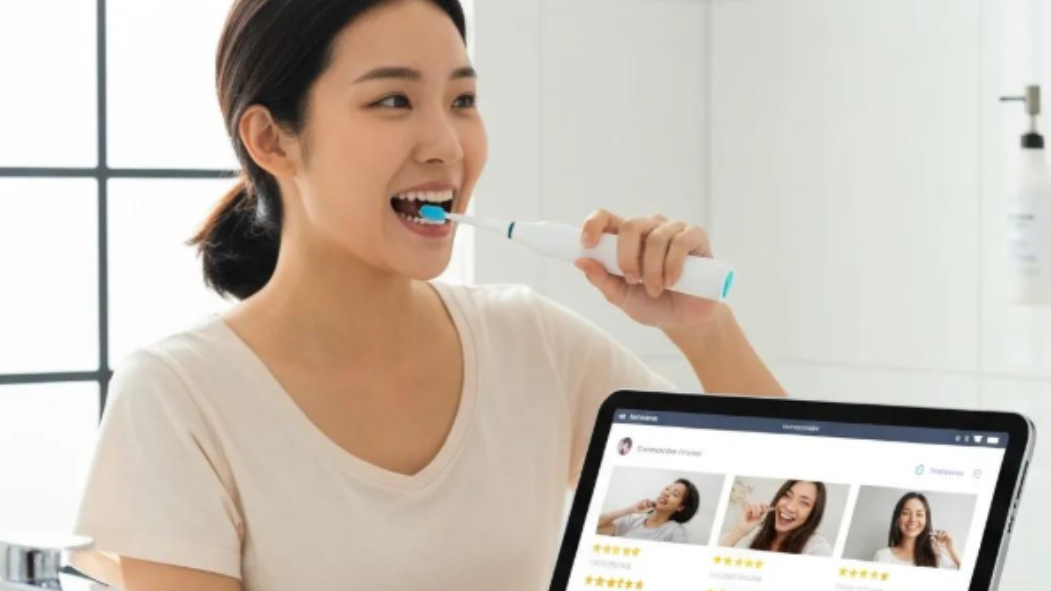 Woman brushing teeth while looking at a tablet showing images. White bathroom setting.