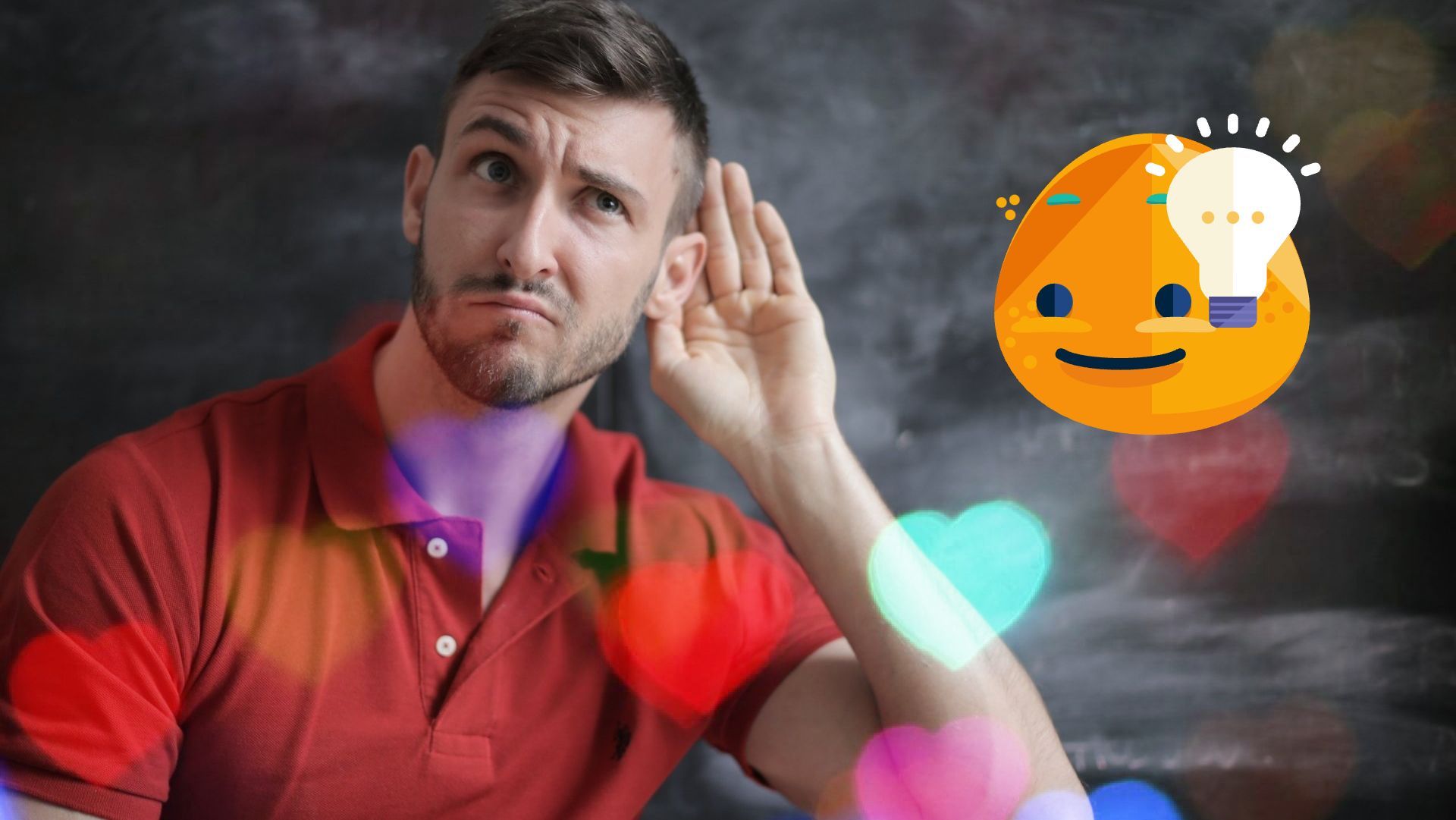 a man holds his hand to his ear in front of a smiley face and a light bulb
