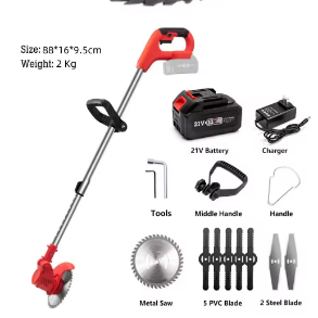 Desbrozadora de hilo inalámbrica roja y plateada con accesorios que incluyen batería, cargador, cuchillas y herramientas.