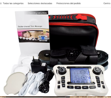 Kit estimulador muscular eléctrico con masajeador, electrodos, adaptador de corriente, cables y bolsa de transporte.