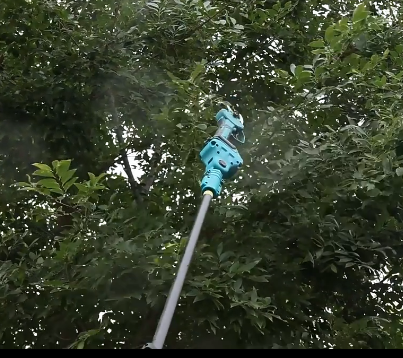 Una persona que utiliza una sierra de pértiga de color verde azulado y gris para cortar ramas de árboles.