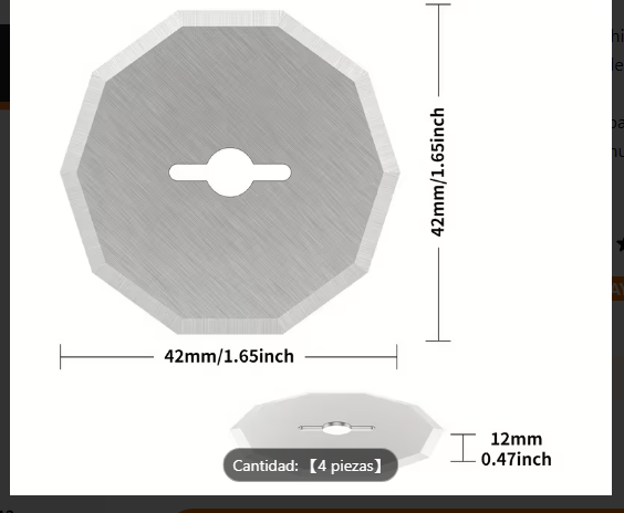 Almohadilla octogonal gris con ranura central, de 42 mm de ancho y 12 mm de grosor, con sus dimensiones.