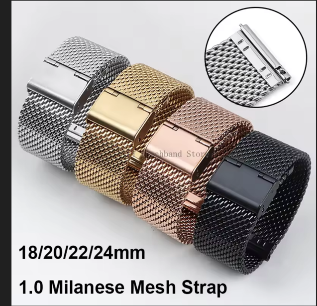 Correas de reloj metálicas surtidas en plata, negro, oro rosa y oro sobre una superficie de madera.