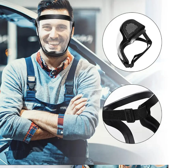 Hombre con protector facial transparente. Diadema blanca y soporte negro a los lados.