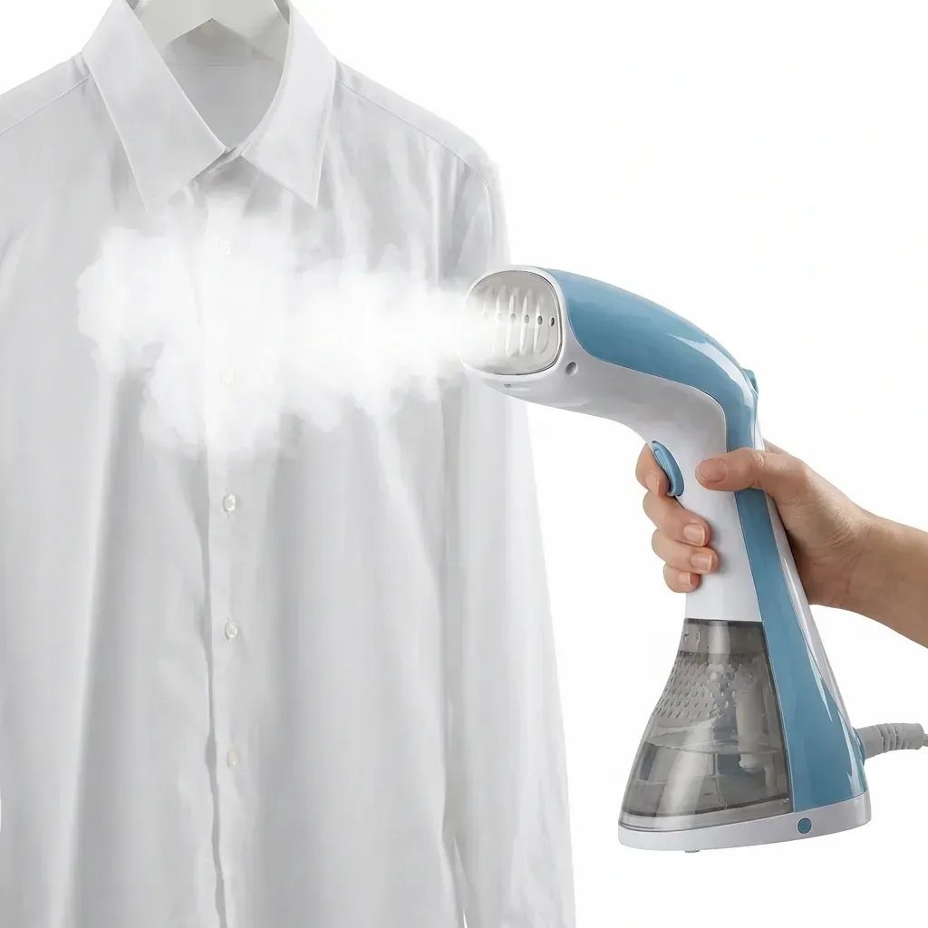 Vaporizador de ropa de mano que vaporiza una camisa blanca.