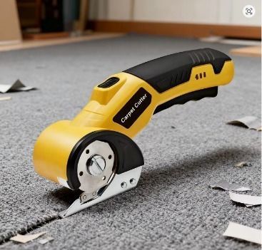 Cortadora de alfombras inalámbrica de color amarillo y negro que corta alfombras grises y pedazos de alfombra esparcidos por todas partes.