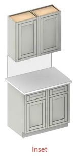 Inset cabinet and countertop layout showing upper and lower gray cabinets with a white counter.