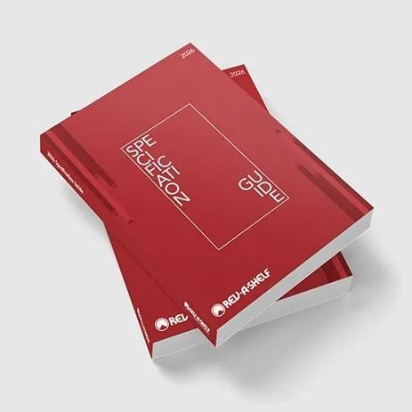 Red stacked guidebooks with white text on the covers, shown on a light gray background