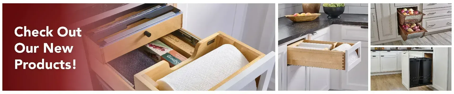 Promotional collage of wooden storage furniture with text “Check Out Our New Products!”