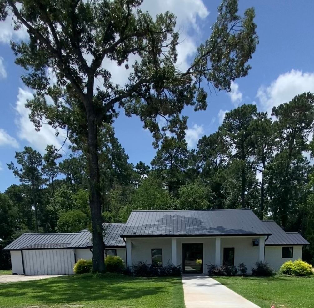 White building with black roof, under a large tree with green foliage, sunny blue sky.