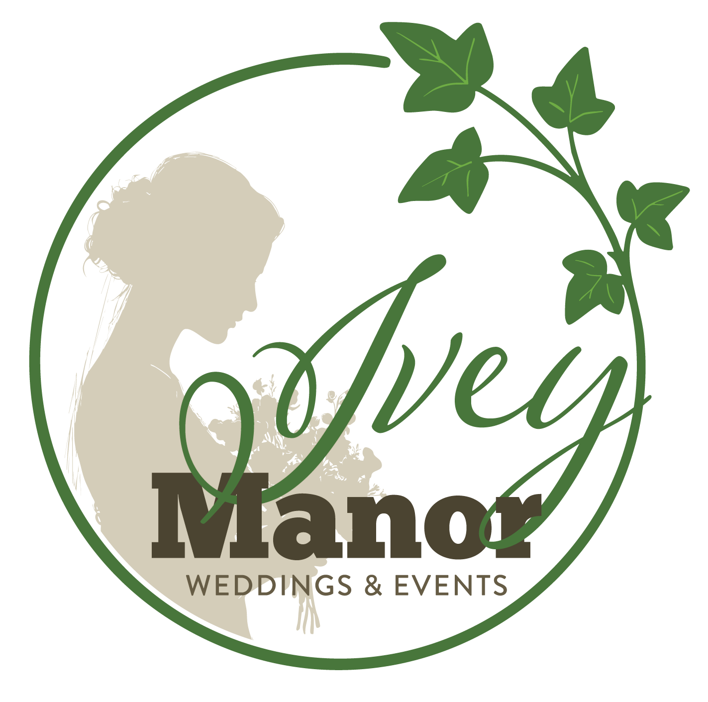 Logo for Ivey Manor Weddings & Events: a woman's silhouette within a green circle with ivy, company name in script and bold text.