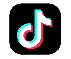 TikTok logo: white musical note with red and blue outline, black background.