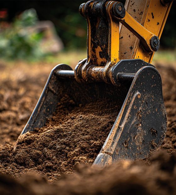 Yellow and black excavator bucket filled with dirt, digging into the earth.