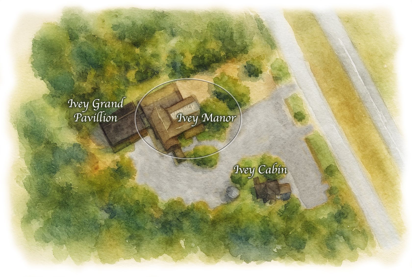 Watercolor aerial view of buildings: Town Hall, Visitor Center, and a small cabin. Surrounded by trees and a parking lot, with a road.