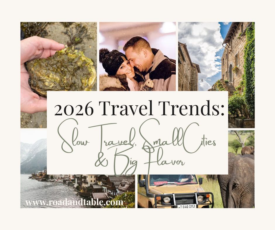 Travel trends graphic: photos of food, couple, buildings, landscape, vehicle, elephants, text: