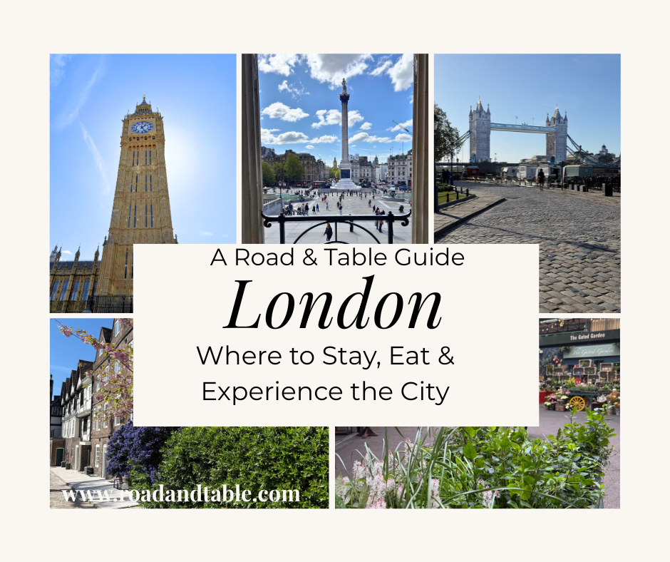 London travel guide collage with Big Ben, Tower Bridge, and city scenes; “A Road & Table Guide London” title