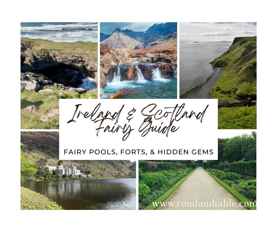Collage: scenic views from Ireland and Scotland, including coastlines, waterfalls, and gardens. Guide title: