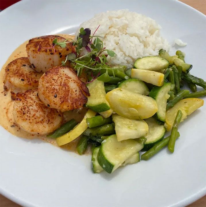 seafood, rice  and salad